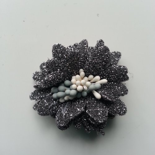 Fleur en tissu pailleté et pistils 40mm gris