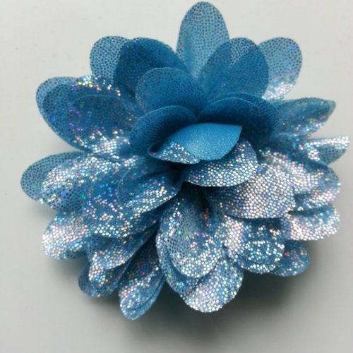 Fleur en tissu brillant 80mm argent et bleu