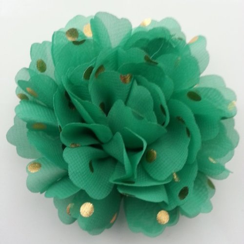 Fleur en mousseline à pois doré vert 10cm