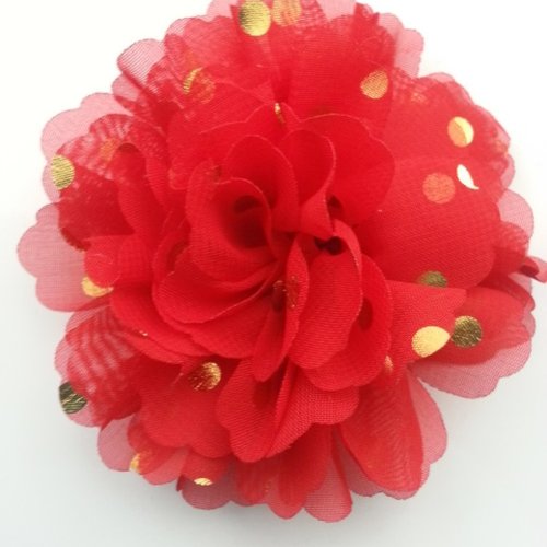 Fleur en mousseline à pois doré rouge 10cm