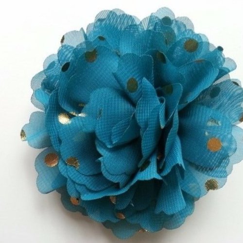Fleur en mousseline à pois doré bleu vert 10cm