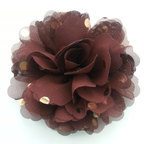 Fleur en mousseline à pois doré marron 10cm