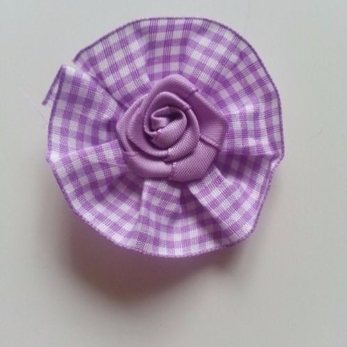 Rosette tissu à carreaux et rose de satin  mauve      60mm