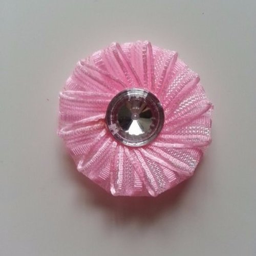 Fleur ruban  avec strass   50mm rose