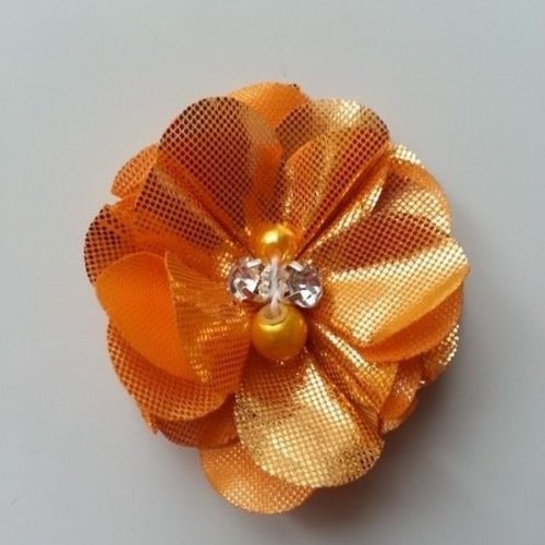 Fleur tissu brillant perle et strass orange 50mm
