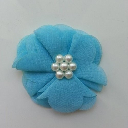 Fleur mousseline centre perle 55mm bleu