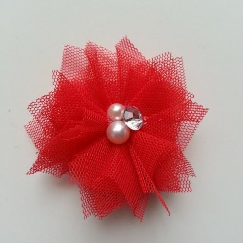 Applique en tulle strass, et perle 55mm rouge