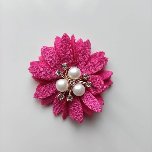 Fleur tissu trio de perle et strass 50mm rose fuchsia