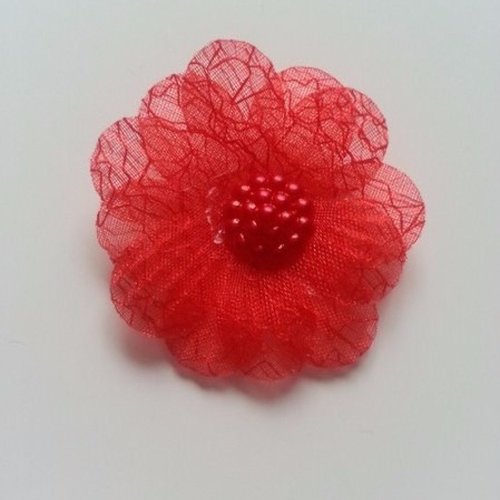 Fleur double  voile  et demi perle fraise 45mm rouge