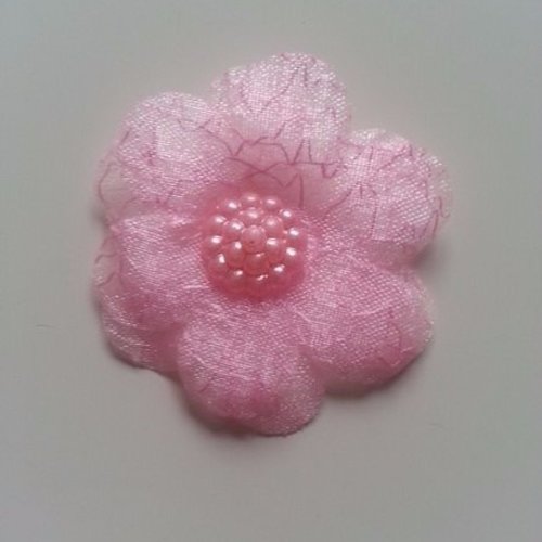 Fleur double  voile   et demi perle fraise 45mm rose