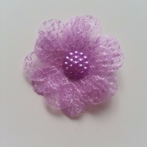 Fleur double  voile   et demi perle fraise 45mm mauve