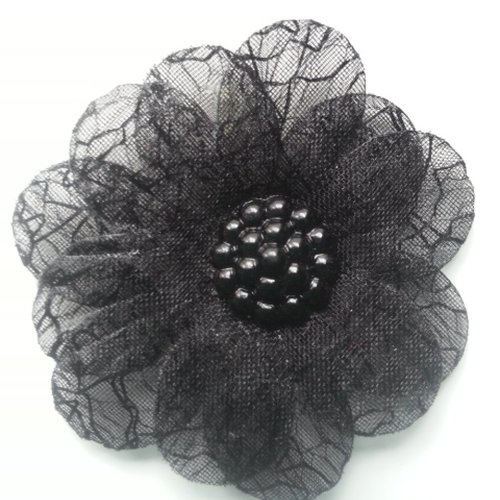 Fleur double  voile   et demi perle fraise 45mm noir