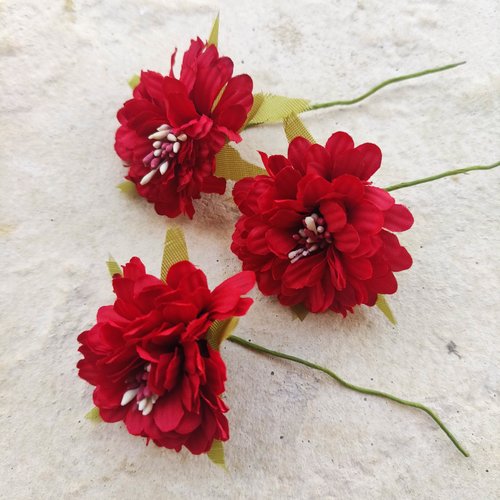 Lot de 3 fleurs artificielles en tissu rouge et pistils blanc