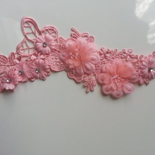 Applique  en dentelle et fleur rose avec strass 25*10cm