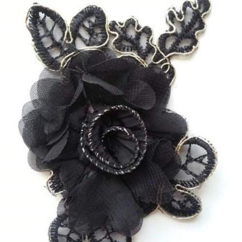 Applique fleur en dentelle  et mousseline noir  12*8cm