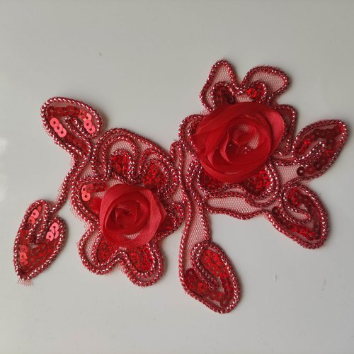 Applique paillette et fleur rouge et argent 18*12cm