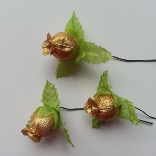 Lot de 3 roses et feuilles en tissu doré, or   sur tige