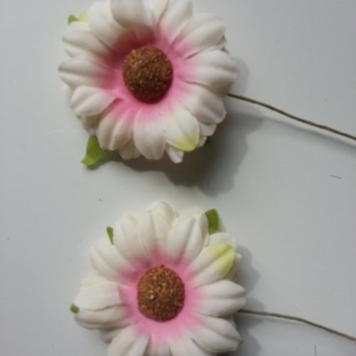 Lot de 2 fleurs marguerite artificielles sur tige 50mm ivoire et rose