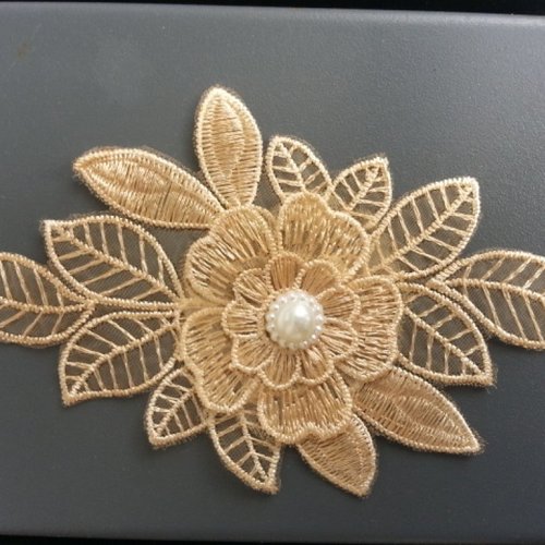 Applique en dentelle  beige doré et demi perle fraise  135*80mm