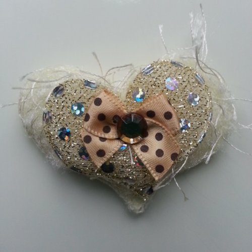Applique double coeur et noeud  tissu matelassé ivoire 60*50mm