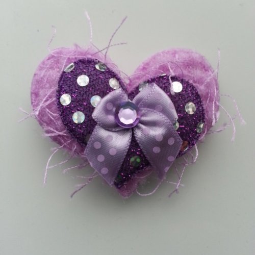 Applique double coeur et noeud  tissu matelassé mauve 60*50mm