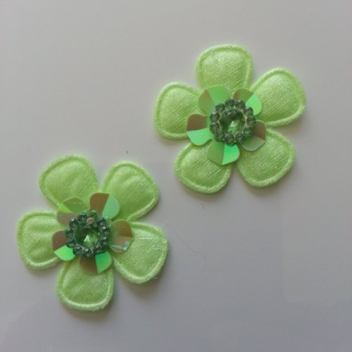 Lot de 2 fleurs en tissu et strass 35mm vert