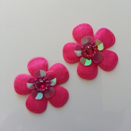 Lot de 2 fleurs en tissu et strass 35mm rose fuchsia