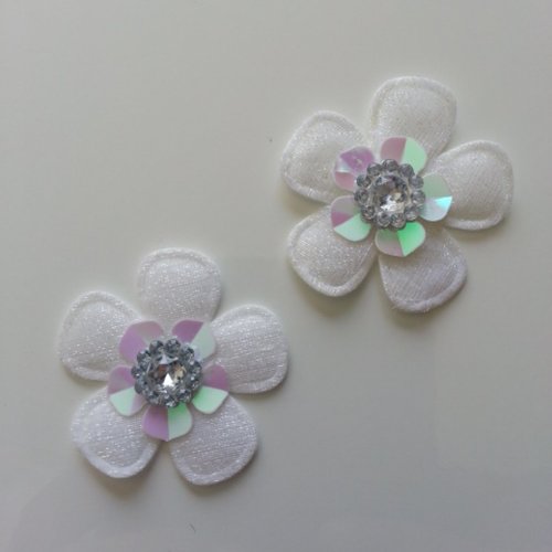 Lot de 2 fleurs en tissu et strass 35mm blanc
