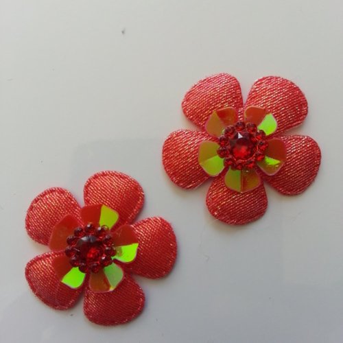 Lot de 2 fleurs en tissu et strass 35mm rouge