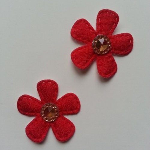 Lot de 2 fleurs en tissu et strass 35mm rouge