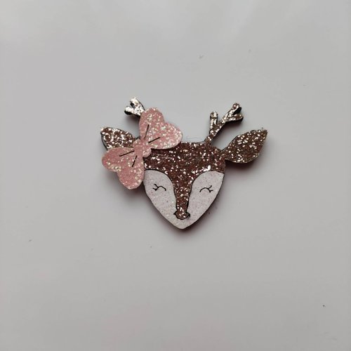 Applique  renne pailleté doré noeud pêche 35*28mm