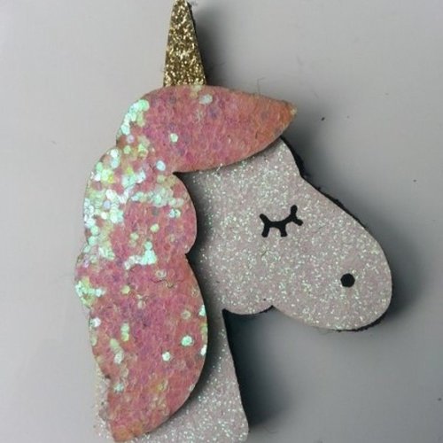Applique licorne pailletée blanc et rose clair  60mm
