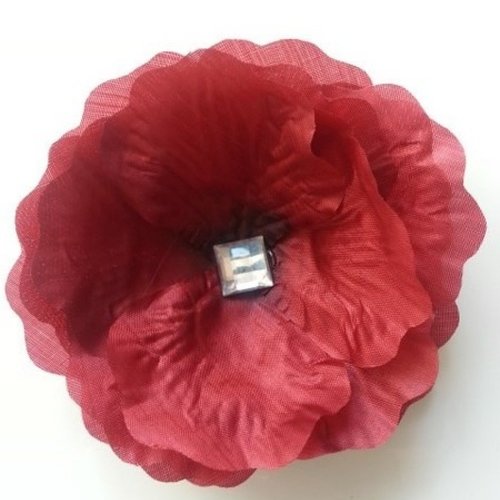 Fleur artificielle  en tissu bordeaux  et strass 90mm