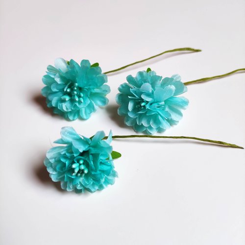 Lot de 3 fleurs artificielles en tissu et pistils bleu turquoise 2