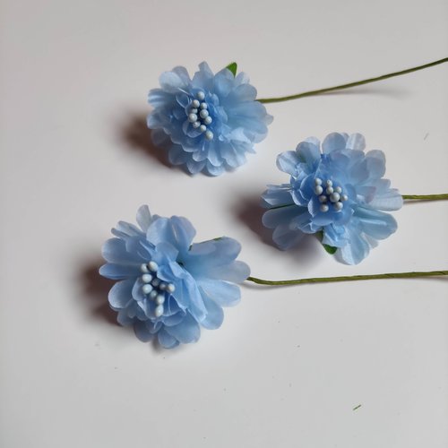 Lot de 3 fleurs artificielles en tissu et pistils bleu ciel