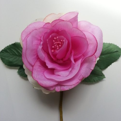 Fleur artificielle rose en tissu avec feuilles sur tige avec feuillage  rose 80mm ideale pour création de boutonnière
