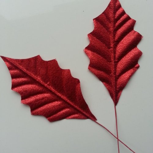2 feuilles de houx artificielles  rouge pailletées 90mm