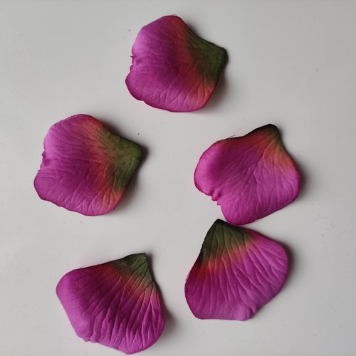 Lot de 5 pétales de rose en tissu rose fuchsia et vert 50*55mm