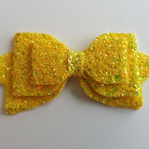 Gros noeud pailleté en simili 12,5*6cm jaune