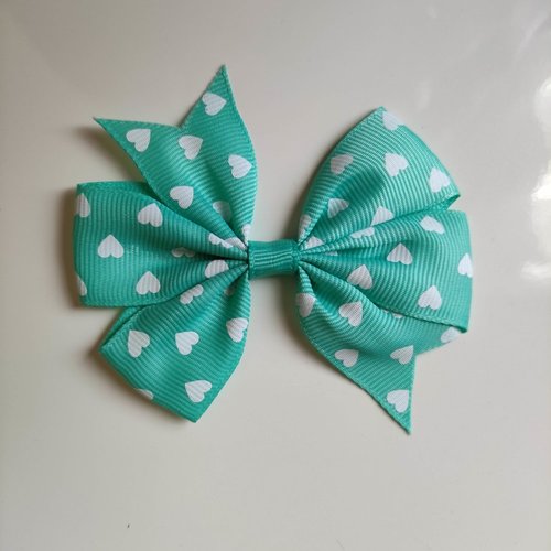 Gros noeud  en ruban gros grain à coeur blanc et vert eau  80mm