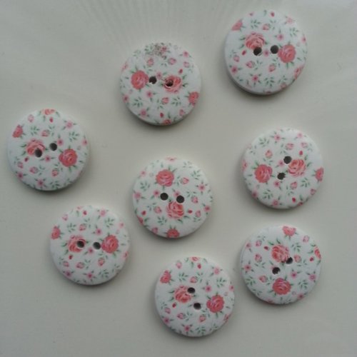 Lot de 8 boutons ronds en bois motif fleuri vert et rose 25mm