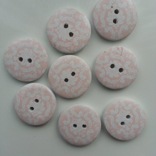 Lot de 8 boutons ronds en bois motif blanc et peche  25mm