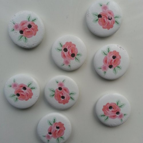 Lot de 8 boutons ronds en bois motif fleuri vert et rose 20mm