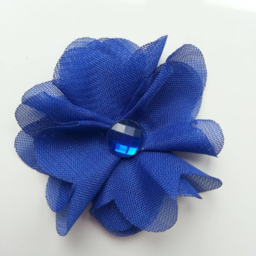 Fleur en mousseline  bleu   et strass  50mm