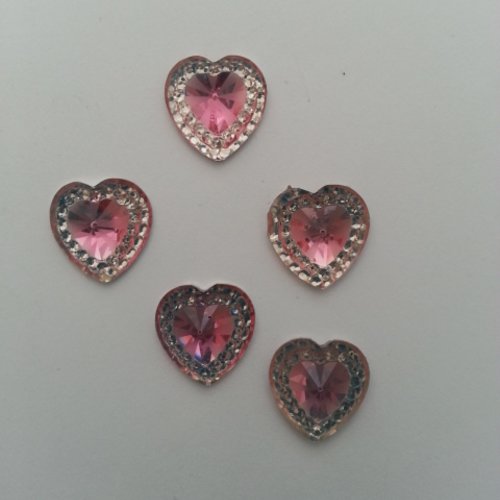 Lot de 5 strass plat coeur rose et argent  12mm