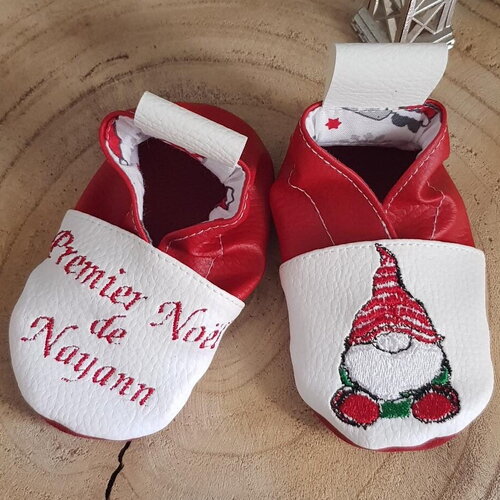 Chaussons souple cuir, bébé / enfant, chausson personnalisé, mon 1er noël - gnome - livraison offerte