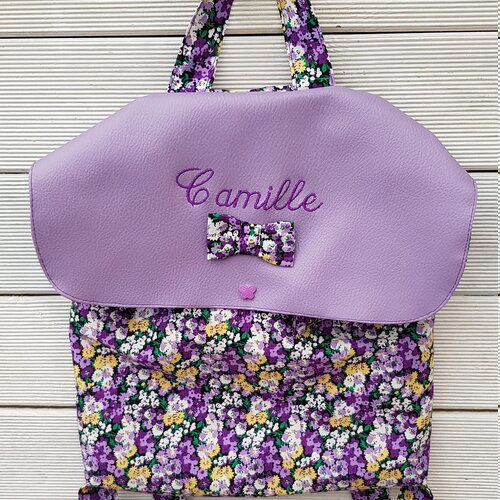 Sac à dos crèche / maternelle simili cuir et coton édition limitée camille, coton fleuri fermeture par cordon, personnalisé et brodé