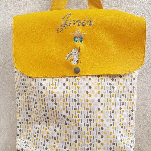 Sac à dos maternelle simili cuir et coton édition limitée pois moutarde/gris, coton fermeture par cordon, personnalisé et brodé, lapin