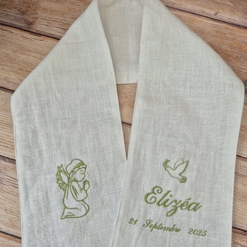 Etole de baptême, écharpe de baptême, linge blanc, ange et colombe