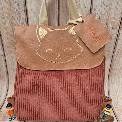 Sac à dos enfant personnalisé renard – sac maternelle fait main haut de gamme en velours côtelé – cadeau unique